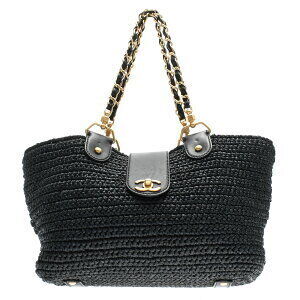 Chanel Chain Tote Bag Navy Blue Straw Leather